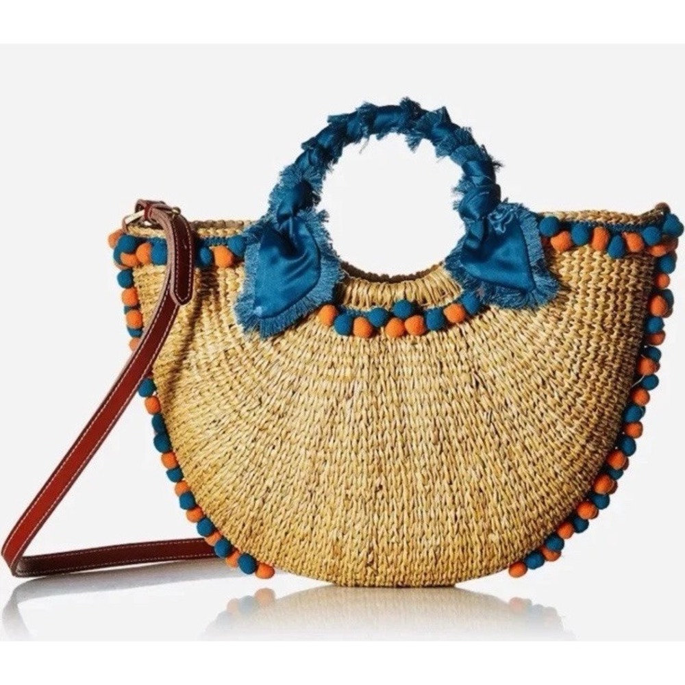 Sam Edelman Innesa Natural Brite/Multi Woven Straw Pom Pom Zip Top Handled Strap
